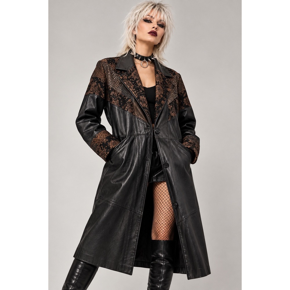Vintage International Outerwear M Black Leather Trench Coat Bronze Embossed